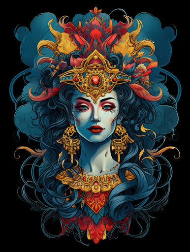 Queen tattoo design, bold colorful symbol lettering, facial expression