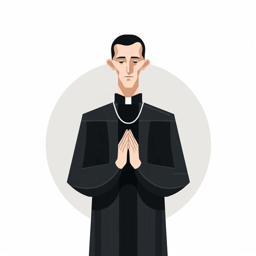 Minimalist depiction of a priest on white backdrop