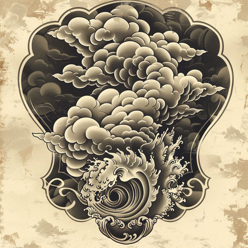 Vintage tattoo sketch of a storm with sepia-toned clouds