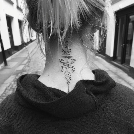 Elvish runes back neck tattoo Peter Jackson style