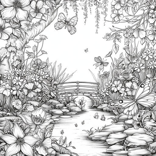 Enchanting floral garden with fairies in the style of Johanna Basford