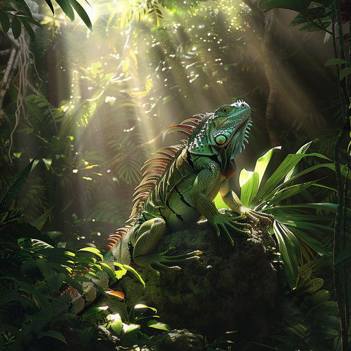 Iguana on sunlit rock in lush rainforest with sunlight filtering