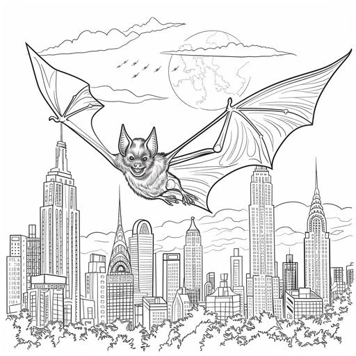 Bat flying over a city skyline at dusk