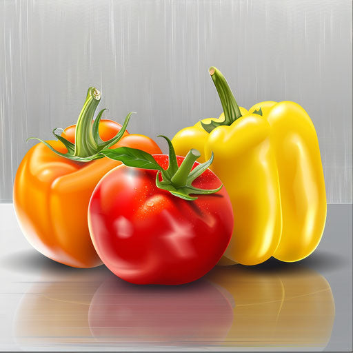 Realistic healthy food on flat metallic silver background