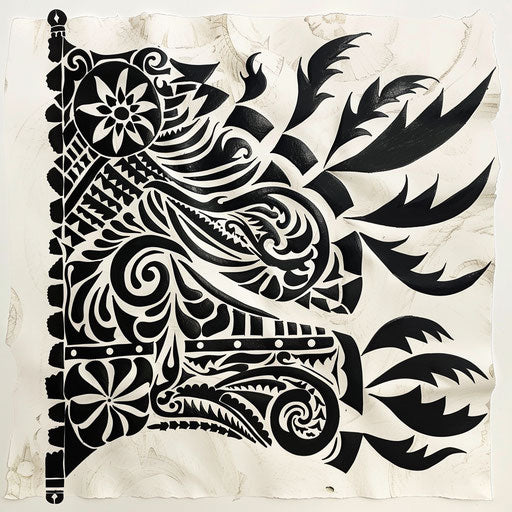 Exotic flat tattoo sketch of a black flag adorned with traditional Polynesian motifs