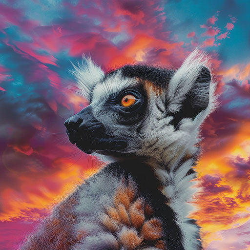 Lemur in front of a dramatic, vibrant, colorful sky