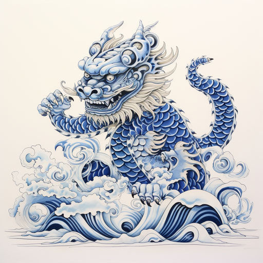 Japanese dragon with blue and white stripes on white paper