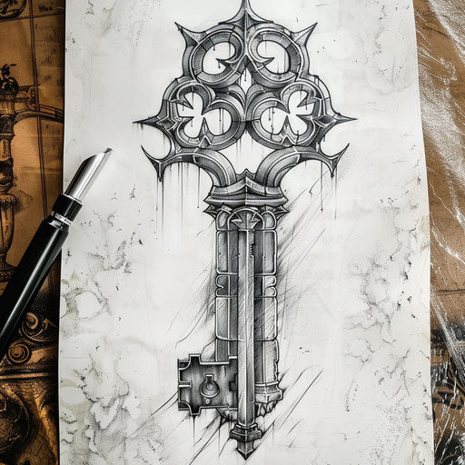 Historical tattoo sketch of an old church key with Gothic arches in subdued colors