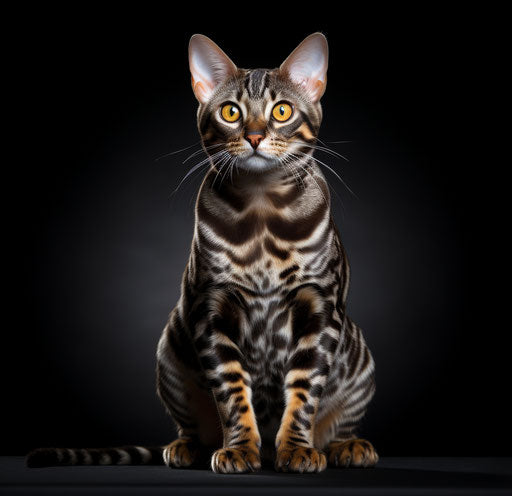 Bengal cat in front of white background, dark silver style