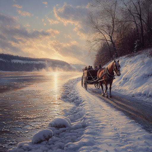 Winter scene with horse pulling wagon along lakeside path