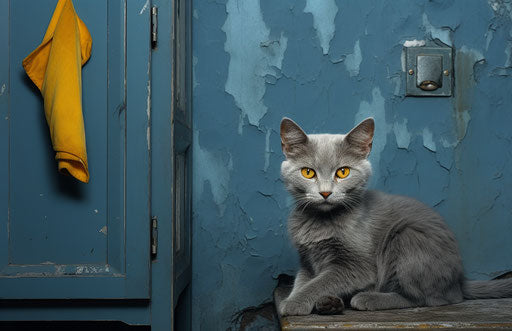 Blue bedroom doors, breiflyrl cat, high quality photo style