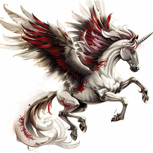 Mythical Pegasus flying, captured as a dynamic Greek tattoo art piece, illustrated against a white background