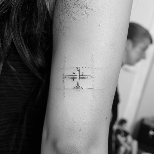 Minimalist airplane line art on white square canvas