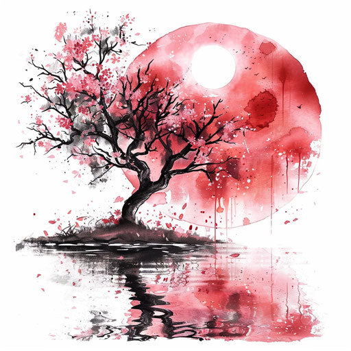 Sakura tree in full bloom with anime-inspired scenery, serene and beautiful tattoo art on a white background.