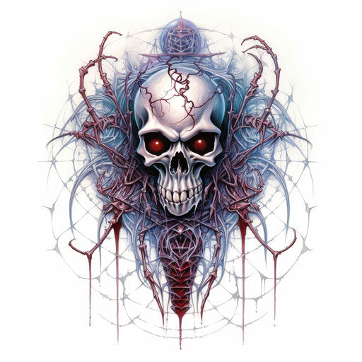 Spider tattoo with skull and web, light maroon and dark azure