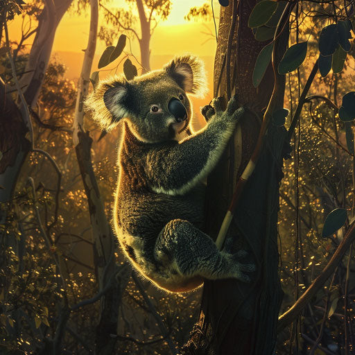 Koala bear in a lush eucalyptus grove at dawn
