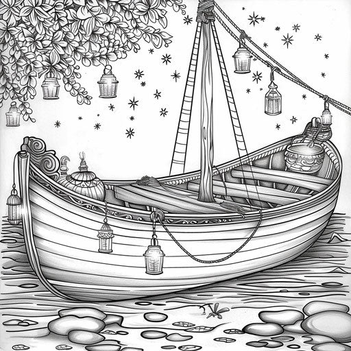 Whimsical boat lit up by lanterns at night