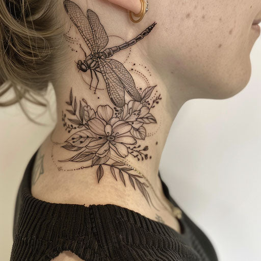 Dragonfly side neck tattoos, Merian style