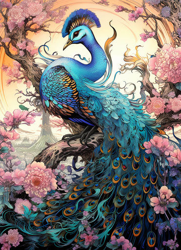 Colorful peacock flying with flowers, Shirow style, intricate linework