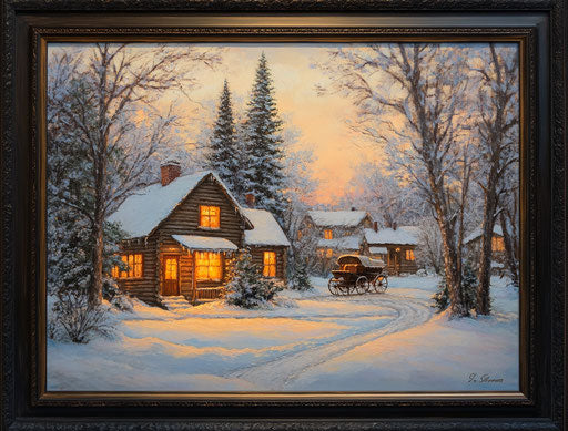 Winter cabin scene with snow-covered trees and a carriage