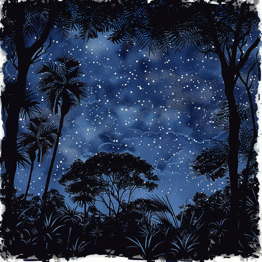 Celestial tattoo sketch of a jungle under starry sky
