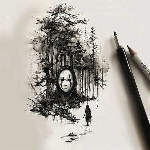 Nature-inspired flat tattoo sketch of No-Face in mystical forest scenery