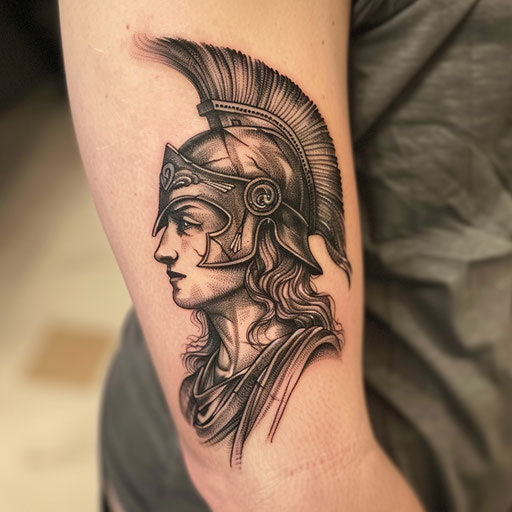 Realistic portrayal of Athena as a tattoo, detailed in black and gray on white