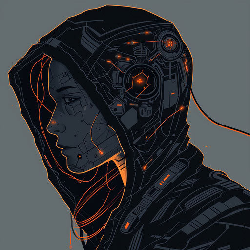 Futuristic flat tattoo sketch of a cybernetic hood