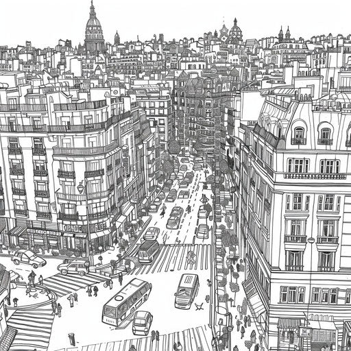 Vibrant city with intricate doodles, Stephen Wiltshire style