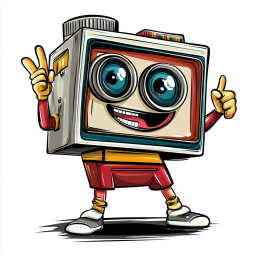 Humorous caricature of a Polaroid camera with human characteristics