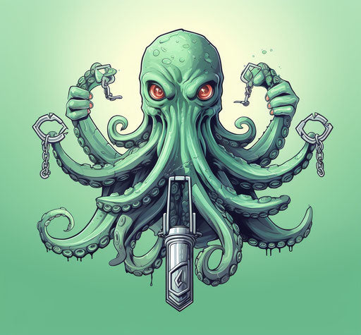 Octopus with key, light green and gray style, edgy poses