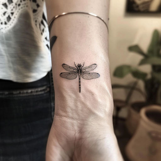 Tiny wrist tattoos of a dragonfly, in the style of Ami James