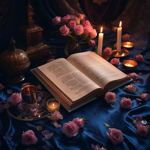 White Muslim book, pink flowers, and Islamic candle on blue carpe