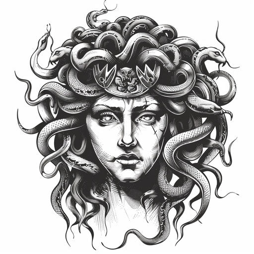 Elaborate depiction of Medusa with snakes for hair, designed as a captivating Greek tattoo on a white background.