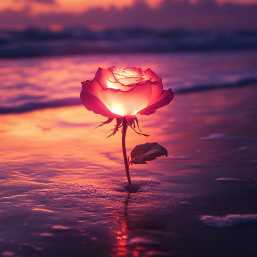 Pink rose glowing on beach at sunset