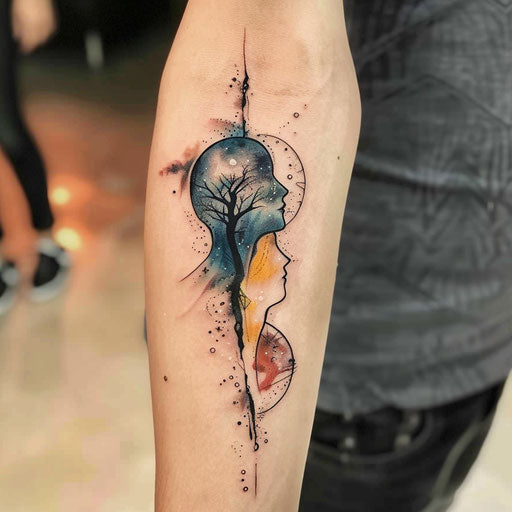 Stylish flat tattoo sketch with watercolor effects of soul merging universe