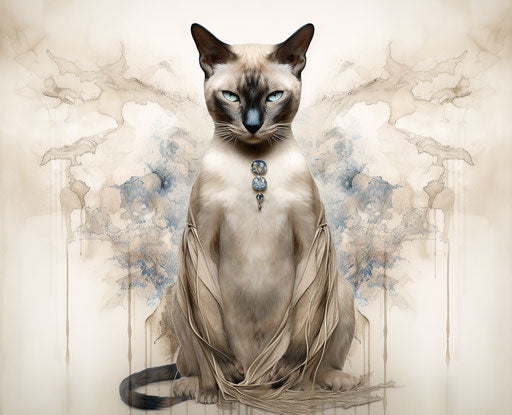 Siamese cat against white background, in karol bak style, northern and southern dynasties, explosive pigmentation, dark beige, agustín fernández, fawncore, high definition 31:25
