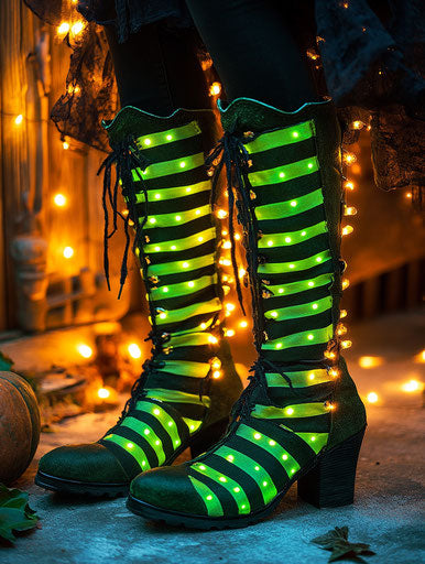 Striped green witchy tall boots with LED lights