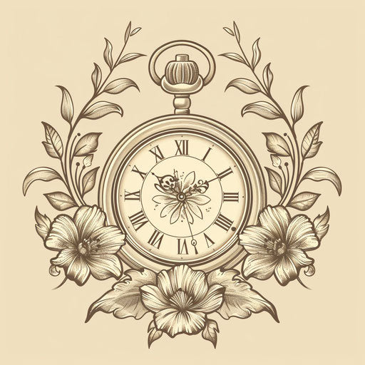 Vintage flat tattoo sketch of an ornate pocket watch with floral engravings in sepia tones