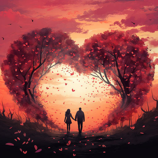 Two people in a heart with leaves under a colorful sky
