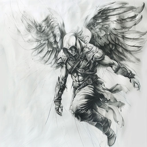 Warrior angel tattoo design, guardian in battle attire on white canvas