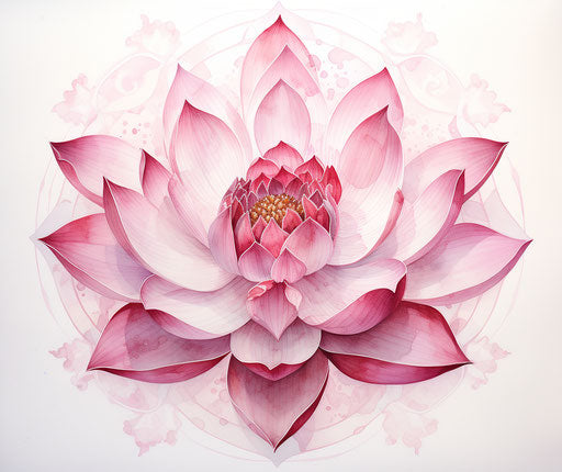 Artistic depiction of pink lotus, symmetrical and balanced style, indigenous patterns, flowing silhouettes, white background 19:16