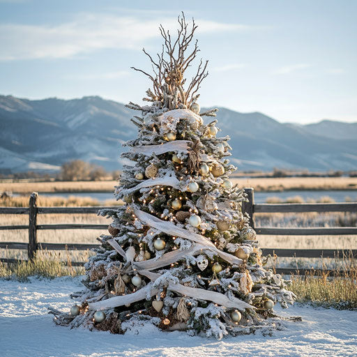 Whimsical outdoor Christmas tree with solar lights and natural decorations in snowy meadow
