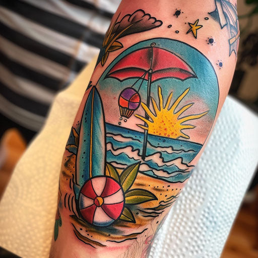 Beach tattoo with surfboard, beach ball, and umbrella
