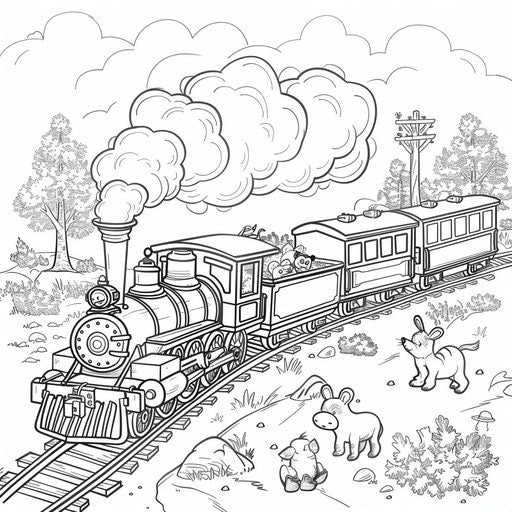 Playful animal-filled train coloring book page