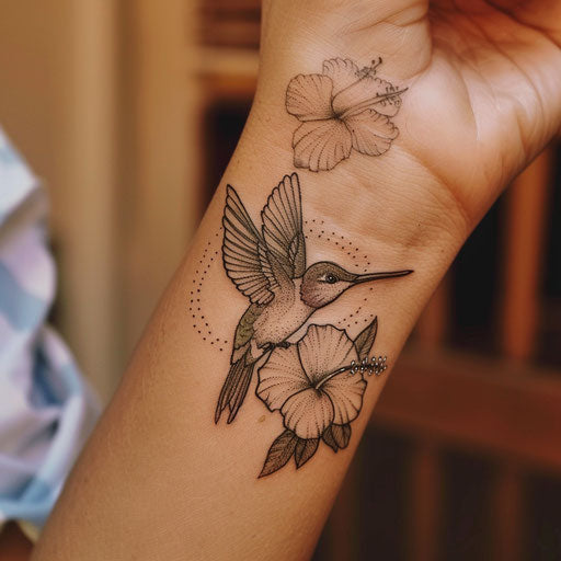 Sketch of a serene hummingbird with hibiscus flowers for wrist coverup tattoo for women