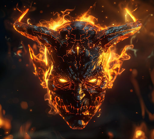 Sad scary devil with glossy flames and horns