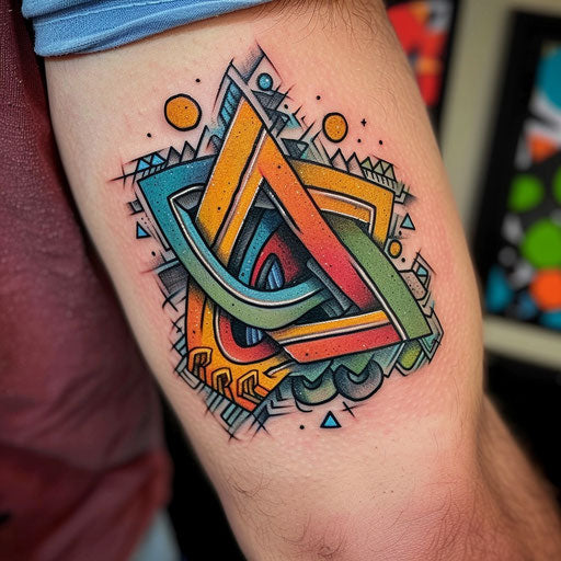 Whimsical cartoon tattoo sketch of a Valknut with playful colors and fun shapes
