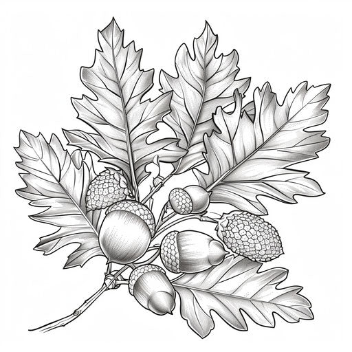 Cluster of acorns on an oak branch with detailed leaves. Coloring book page