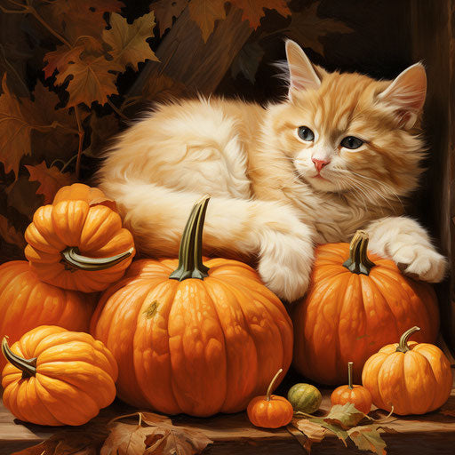 Manx cat resting with pumpkins